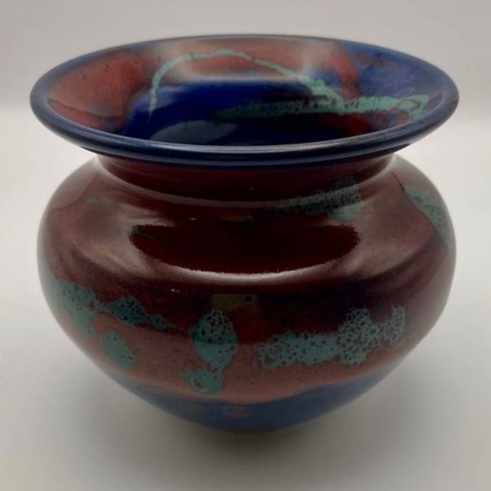Paul Jeselskis, Signed, Handmade Pottery Bowl In Deep Red, Blue, Turquoise/Green